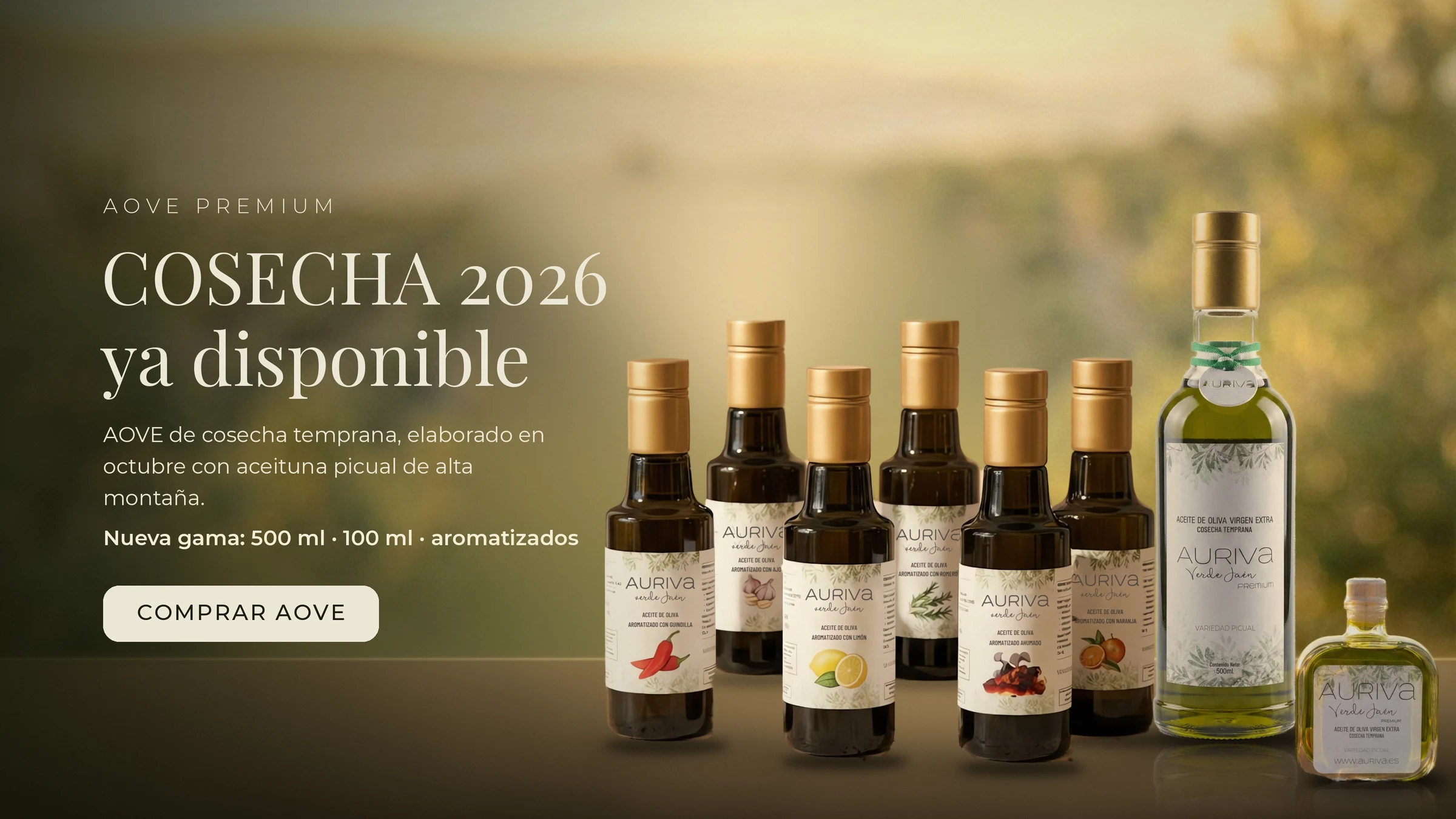 Gama AURIVA Verde Jaén cosecha 2026: AOVE premium 500 ml, 100 ml y aromatizados de 250 ml.