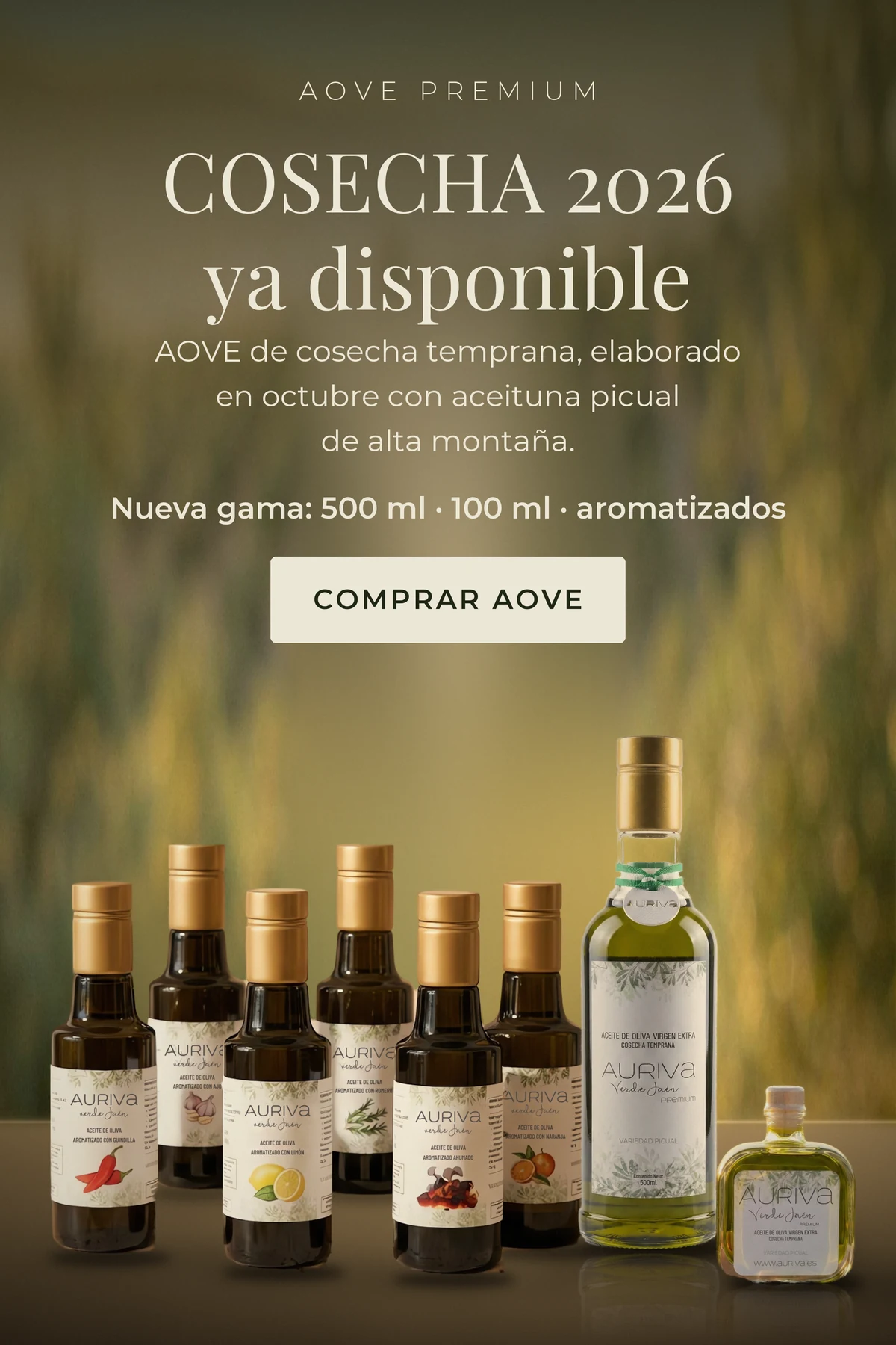 Gama AURIVA Verde Jaén cosecha 2026: AOVE premium 500 ml, 100 ml y aromatizados de 250 ml.